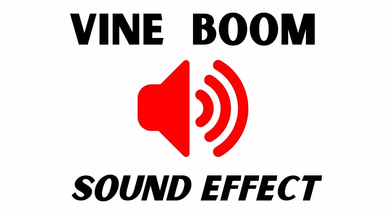 Bold text reading 'Vine Boom Sound Effect' with red speaker icon emitting sound waves on white background.