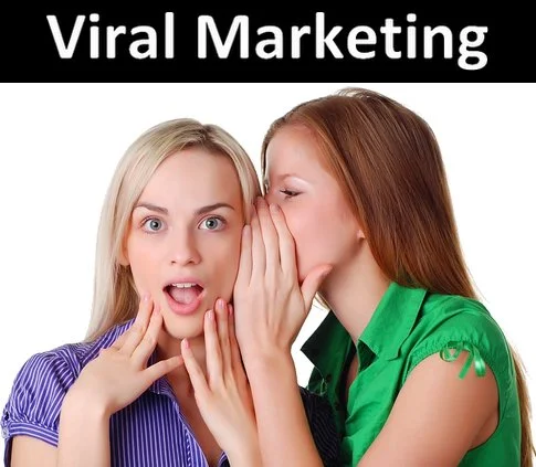Woman whispering into another woman's ear under a 'Viral Marketing' banner