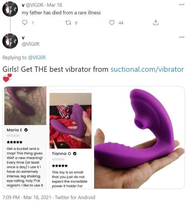 Viral Tweet Advertisement Plugs — Parody Lil Nas X tweet mocking the vibrator-ad trend by itself replying with a vibrator ad