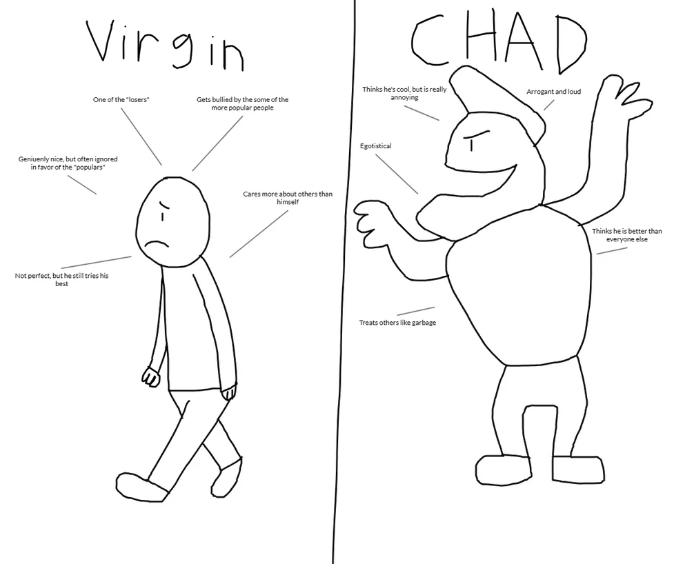 Virgin vs. Chad — Hand-drawn stick figure comparison with annotations.