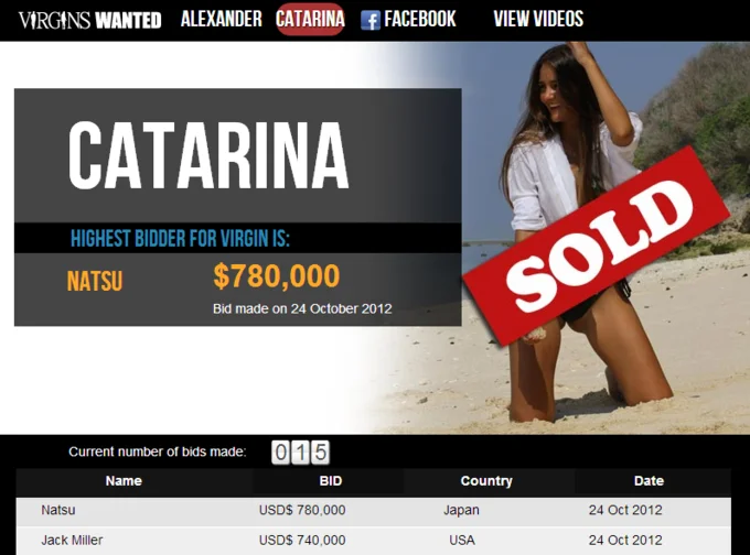 Virginity Auctioning — Virgins Wanted website page showing Catarina sold for $780,000 to Natsu