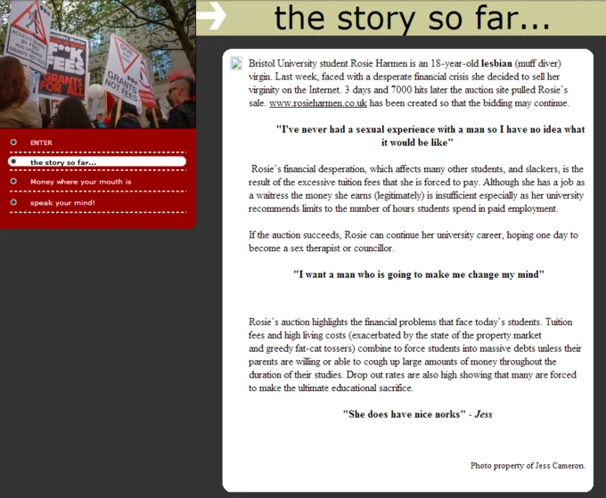 Virginity Auctioning — Rosie Harmen website story page about selling virginity to pay tuition