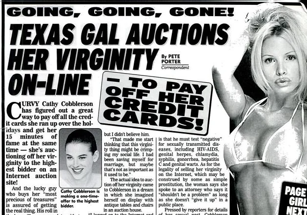 Virginity Auctioning — Tabloid newspaper headline about a Texas woman auctioning her virginity online