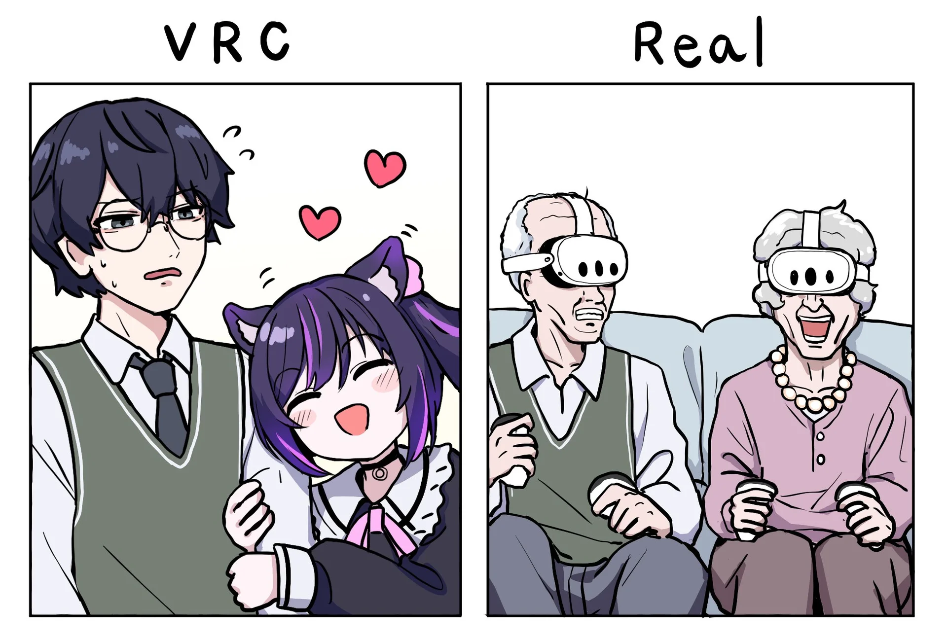 Virtual Reality — Two-panel meme comic comparing VRChat anime avatars versus real elderly users wearing VR headsets