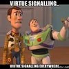 Cartoon character in colorful attire with virtue signalling text.