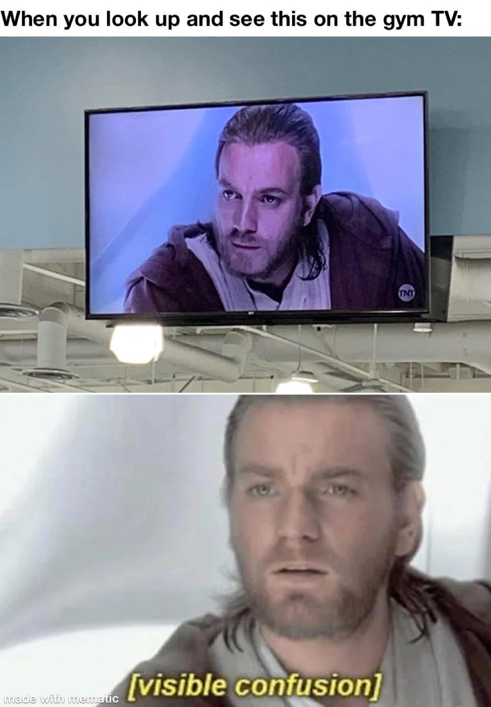 TV screen with Obi-Wan reaction and visible confusion caption.