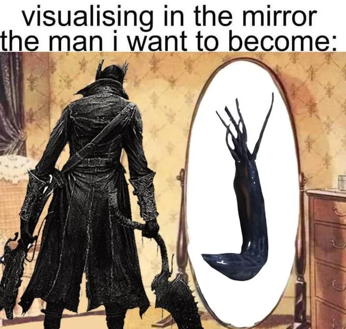 Visualizing In the Mirror the Man I Want to Become — Vintage man at mirror with Bloodborne Hunter and a tendril arm shown as reflection.