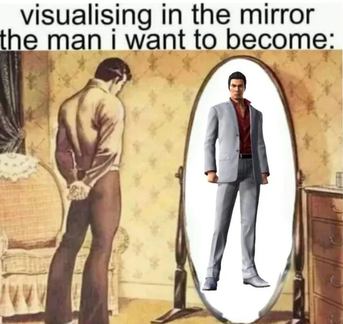 Visualizing In the Mirror the Man I Want to Become — Vintage man at mirror with Yakuza protagonist Kazuma Kiryu in a grey suit as his reflection.
