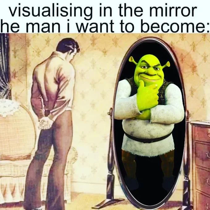 Visualizing In the Mirror the Man I Want to Become — Vintage man at mirror with Shrek posed thoughtfully as his reflection.