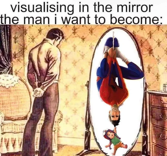 Visualizing In the Mirror the Man I Want to Become — Vintage man at mirror with an upside-down Spider-Man Miles Morales reflection.