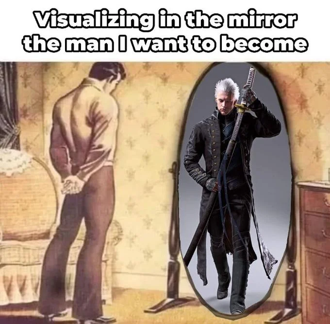 Visualizing In the Mirror the Man I Want to Become — Vintage man at mirror with Vergil from Devil May Cry drawing a katana as his reflection.