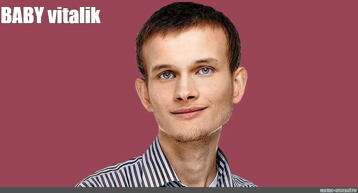 Clean headshot portrait of young man centered on vibrant pink background with white 'BABY vitalik' text.