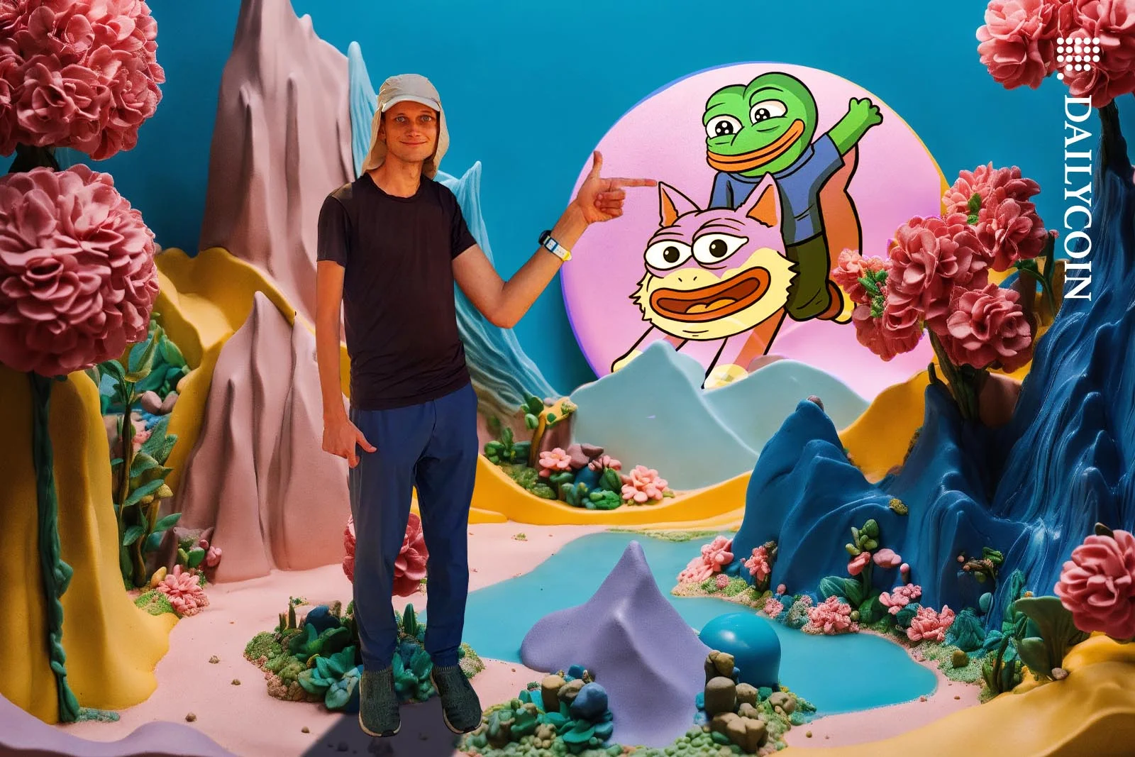 Vitalik — Vibrant surreal 3D landscape with person amid mountains, waterfalls, pink flowers and cartoon frogs.
