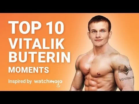 Video thumbnail style meme parodying Top 10 listicle with shirtless man and Vitalik Buterin moments text.