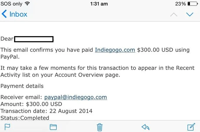 Vivian James — Mobile email screenshot confirming a $300 Indiegogo payment via PayPal dated August 22, 2014.