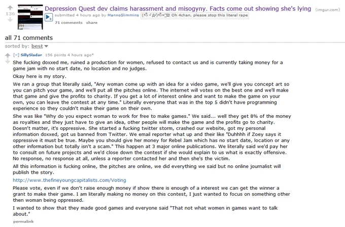 Reddit screenshot discussing the Depression Quest and TFYC controversy preceding Vivian James.