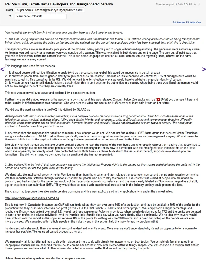 Vivian James — Email screenshot from TFYC explaining their transgender policy for the female game dev contest.
