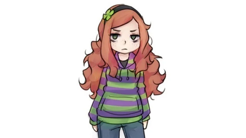 Illustration of Vivian James, a red-haired girl in a purple and green striped hoodie with a clover hairclip.
