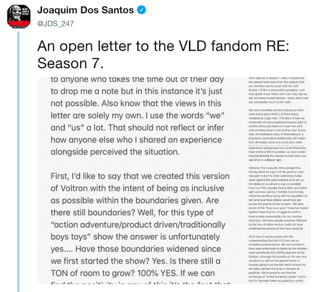 Voltron: Legendary Defender — Joaquim Dos Santos Twitter open letter to VLD fandom about Season 7