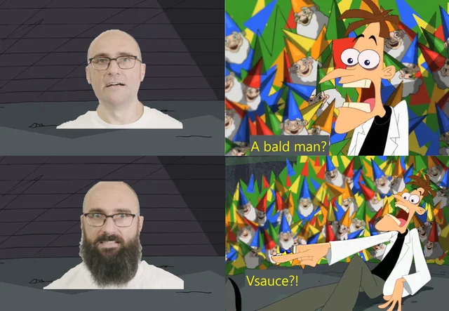 Four-panel meme comparing bearded and clean-shaven Vsauce Michael to Dr. Doofenshmirtz reacting