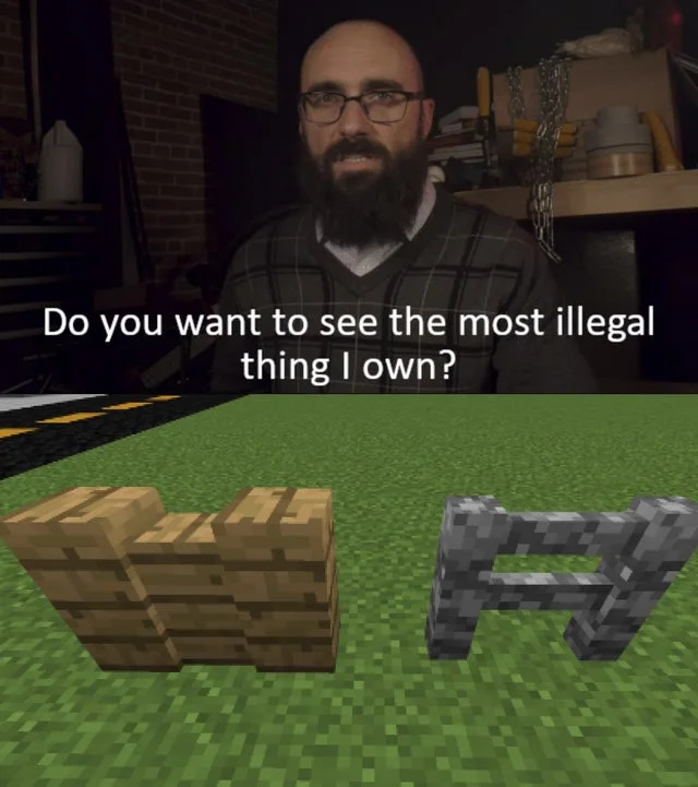 Vsauce Michael asking about the most illegal thing he owns above Minecraft blocks forming an illegal symbol
