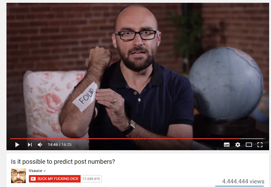 Edited YouTube screenshot of Vsauce Michael with fake video title about predicting post numbers