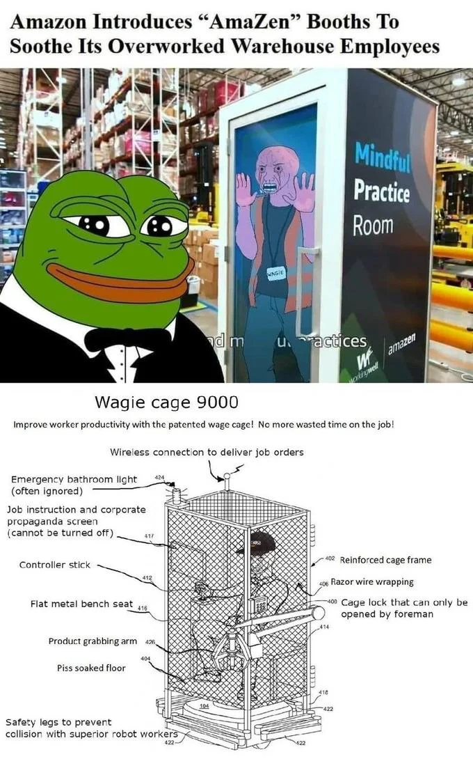 Wage Cage — Smug Pepe over a headline about Amazon AmaZen booths with a trapped wagie wojak, stacked above the Wagie cage 9000 annotated diagram.