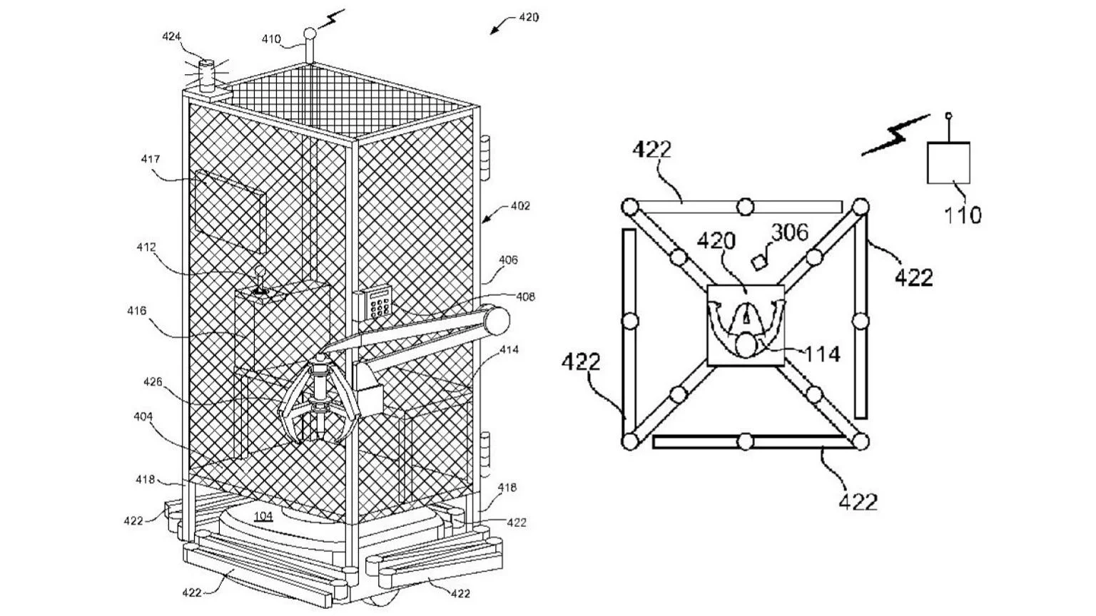 Wage Cage — Patent diagram of a caged worker enclosure with mesh walls, mounted on a wheeled platform.