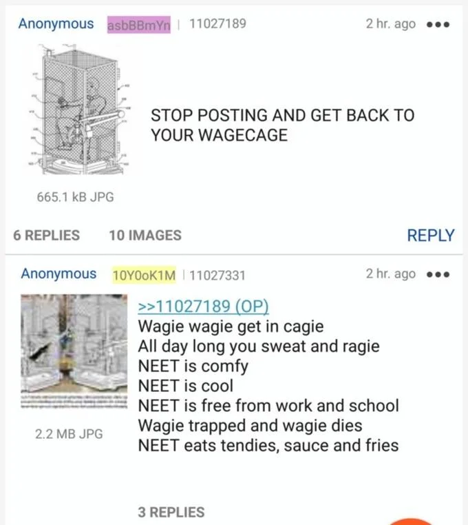Wage Cage — Imageboard screenshot: a post with the cage diagram saying 'STOP POSTING AND GET BACK TO YOUR WAGECAGE,' replied to by the 'Wagie wagie' rhyme.