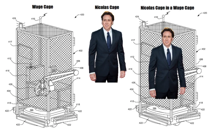 Three panels: wage cage diagram, Nicolas Cage in a suit, and Nicolas Cage composited inside the wage cage.