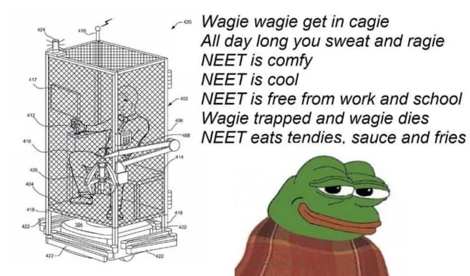 Wage Cage — Patent cage diagram beside a comfy Pepe, with the 'Wagie wagie get in cagie' rhyme listing why NEET life is better than wage work.