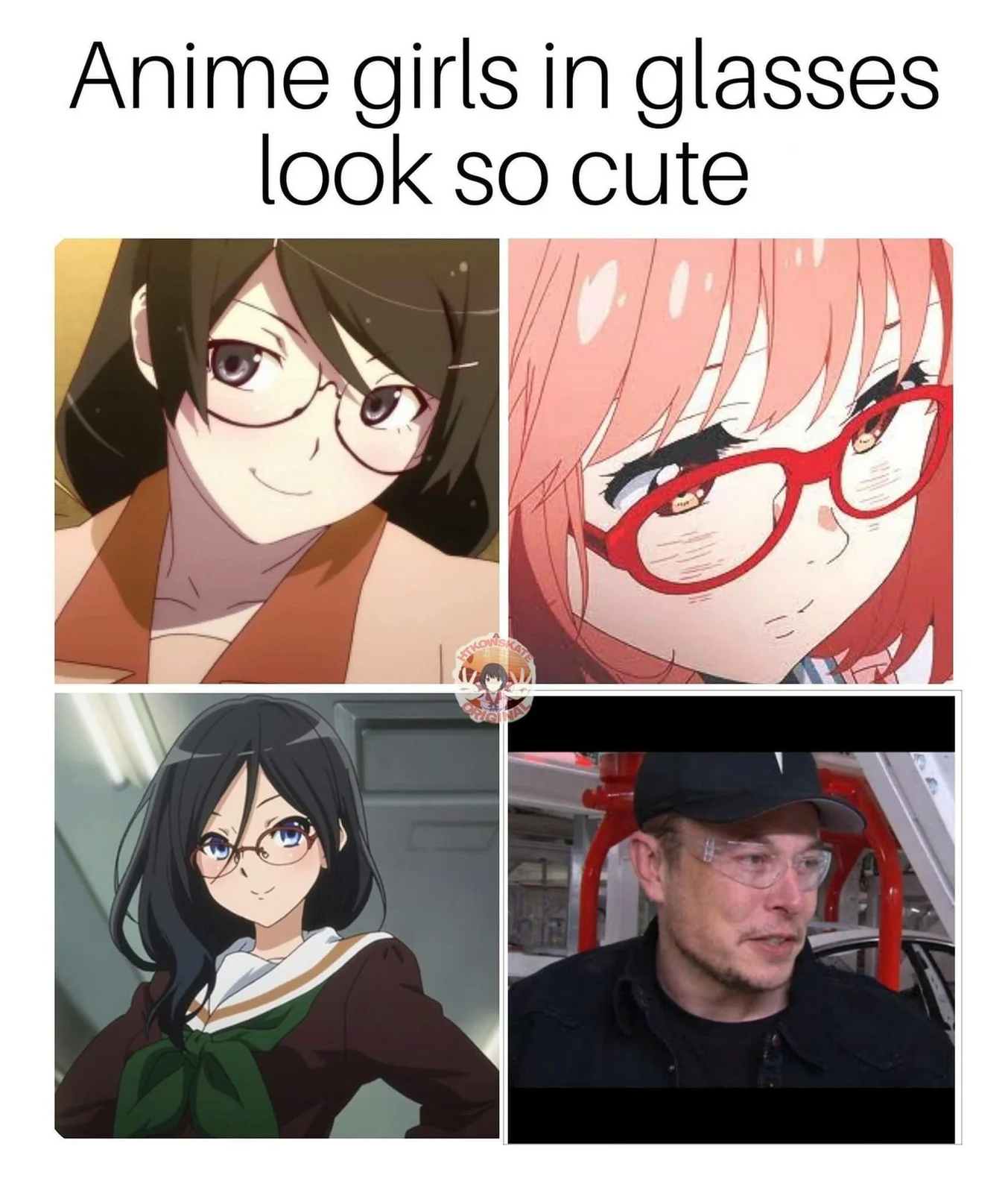 Waifu — Four-panel meme about anime girls in glasses.
