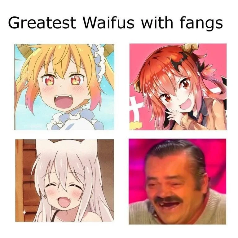 Four-panel meme about waifus with fangs.