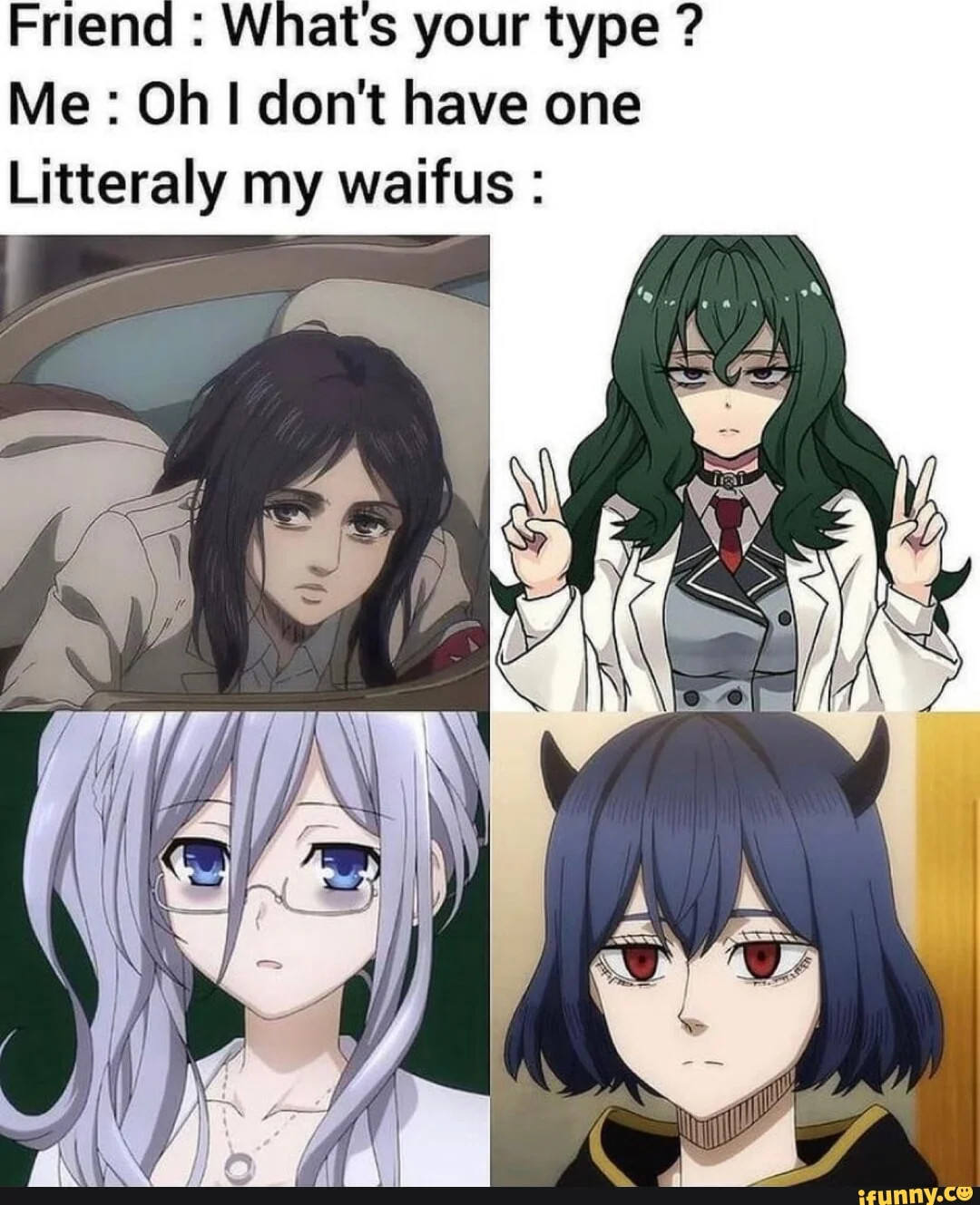 Waifu — Meme showing multiple anime girl character preferences.