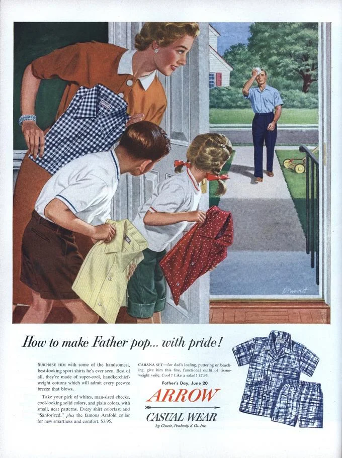 Waiting for Dad — Original 1950s Arrow Casual Wear Father's Day magazine ad showing mother and children holding shirts to greet father