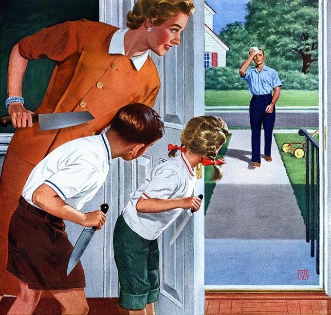 Waiting for Dad — Cropped illustration of mother and children with knives behind door as father approaches