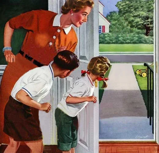 Edited Waiting for Dad illustration with knives digitally removed from the family's hands