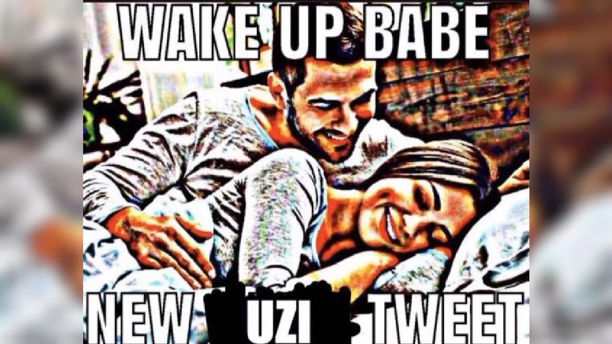 Stylized photo of a couple in bed captioned 'WAKE UP BABE NEW UZI TWEET'