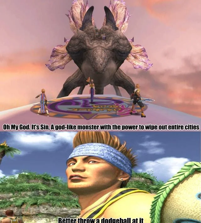 Wakka Final Fantasy X — Two-panel meme of Sin monster and Wakka joking about throwing a dodgeball