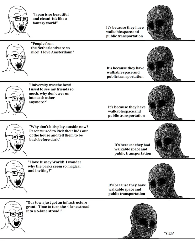 Walkable Cities — Wojak comic explaining various positive experiences by saying they have walkable space and public transportation