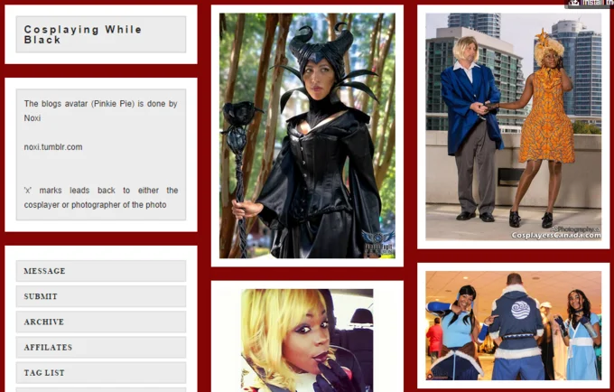 Walking While Black — Screenshot of the 'Cosplaying While Black' Tumblr blog showing a grid of Black cosplayers in costume alongside site navigation menu.