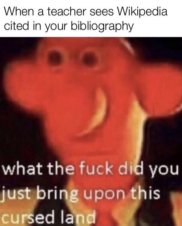 Wallace and Gromit — Red cursed Wallace meme about Wikipedia being cited in a bibliography