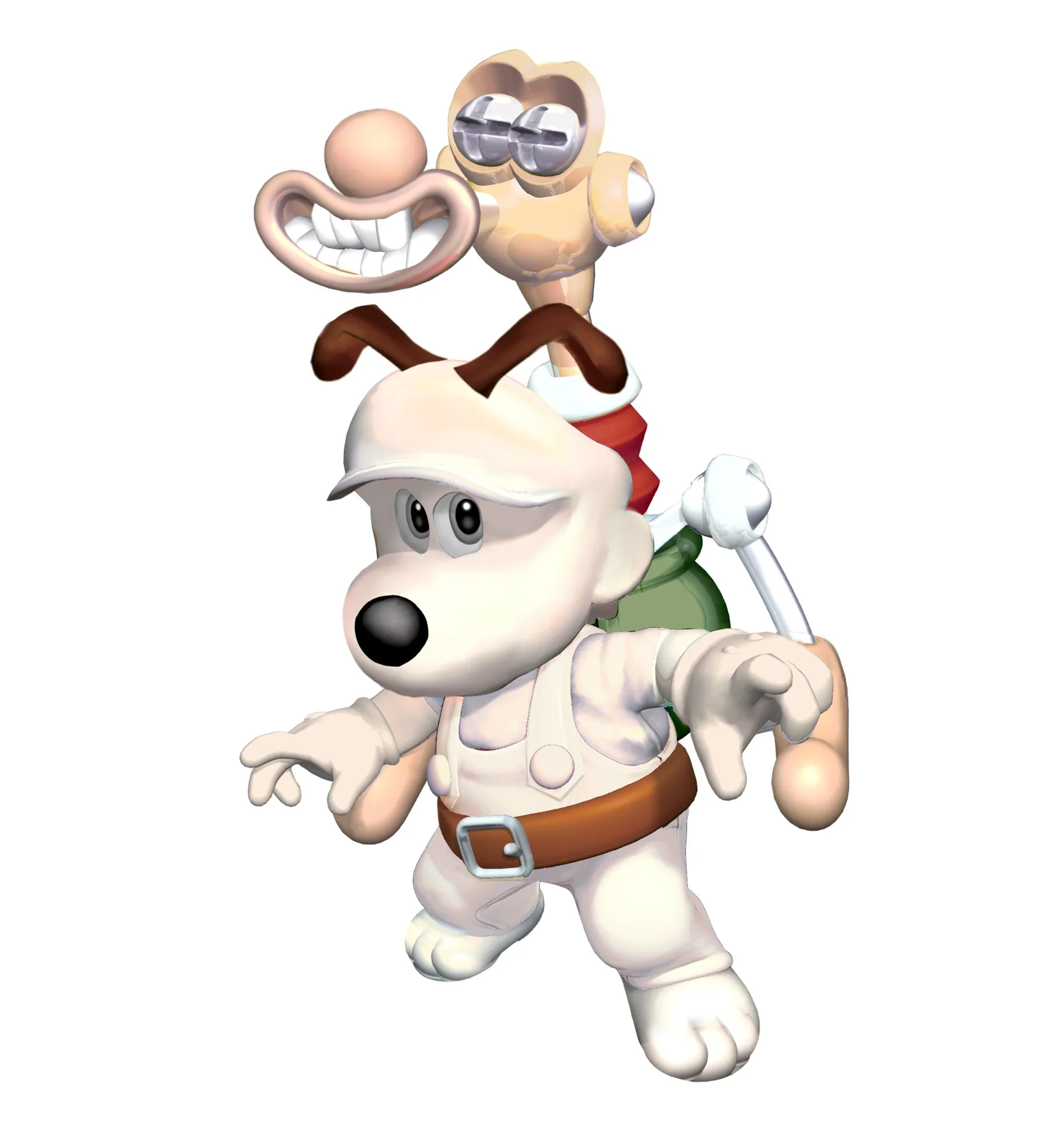 Wallace and Gromit — 3D rendered Gromit in white overalls carrying a cartoonish Wallace head figure