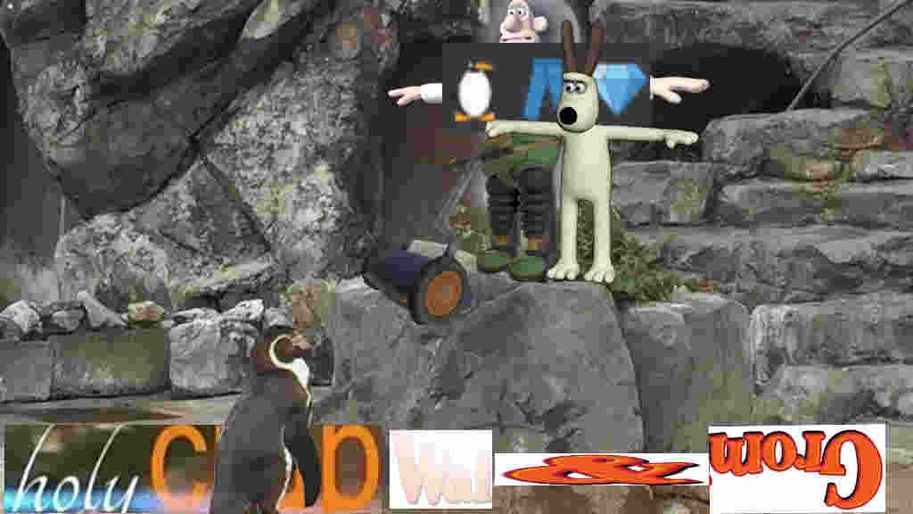 Chaotic Wallace and Gromit meme collage with a real penguin and Wal and Grom text