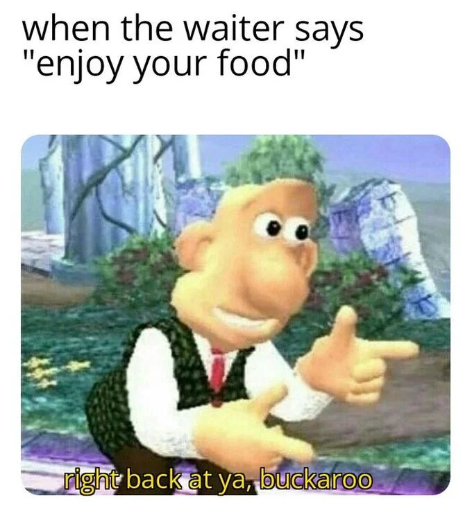 Wallace and Gromit — Low-poly video game Wallace pointing with caption about a waiter saying enjoy your food