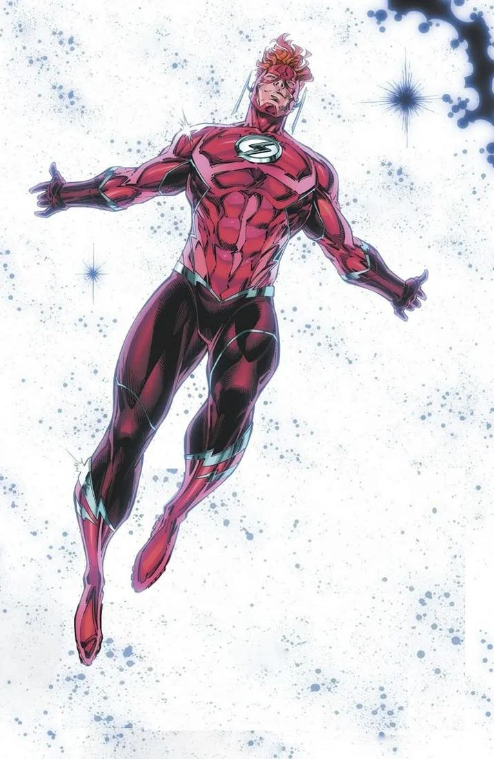 Wally West Pose — Vertical comic illustration of Wally West floating in his Flash costume with outstretched arms