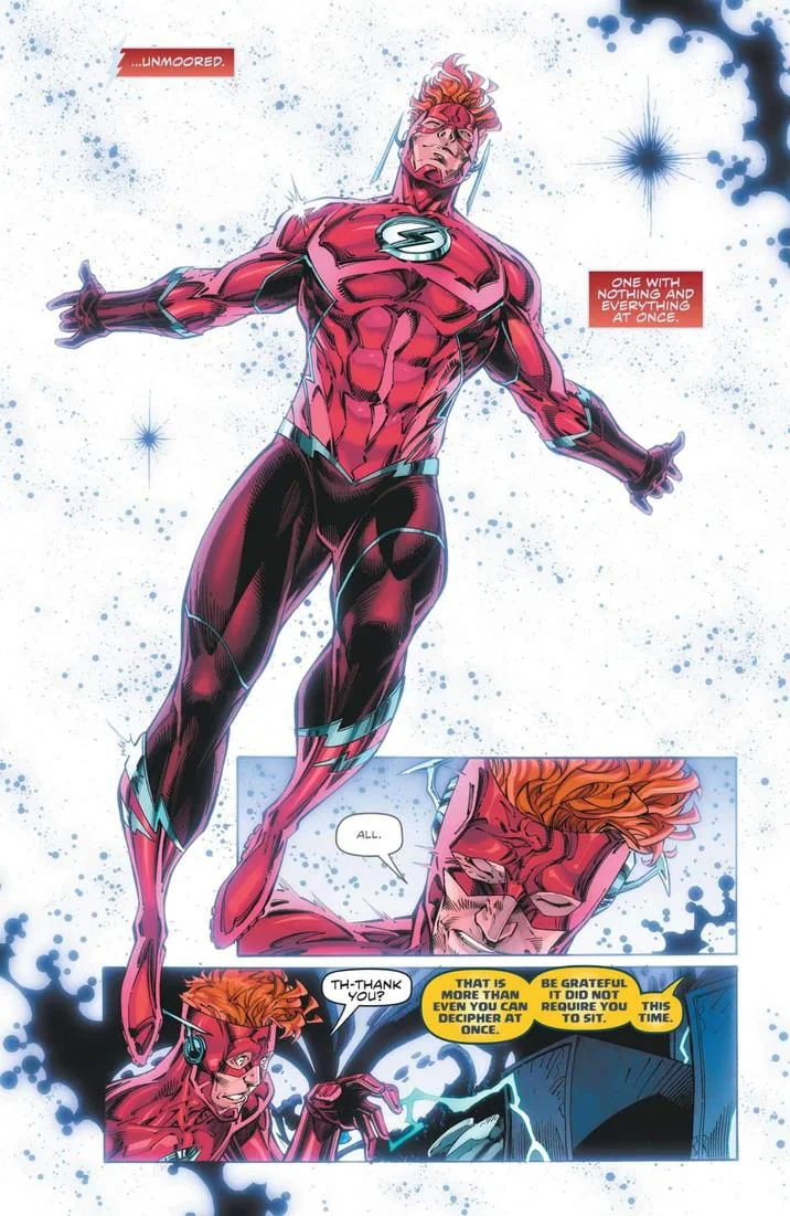 Wally West Pose — Comic book page of Wally West in Flash costume floating with narration boxes and dialogue panels
