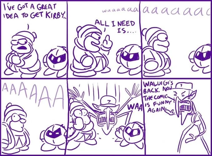 Purple comic strip with Waluigi dramatic entrance.
