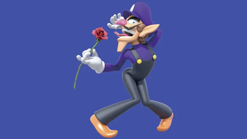 Official 3D Waluigi holding red rose with dynamic pose.