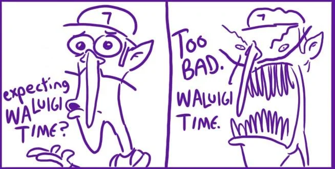 Hand-drawn two-panel comic with Waluigi time reveal.